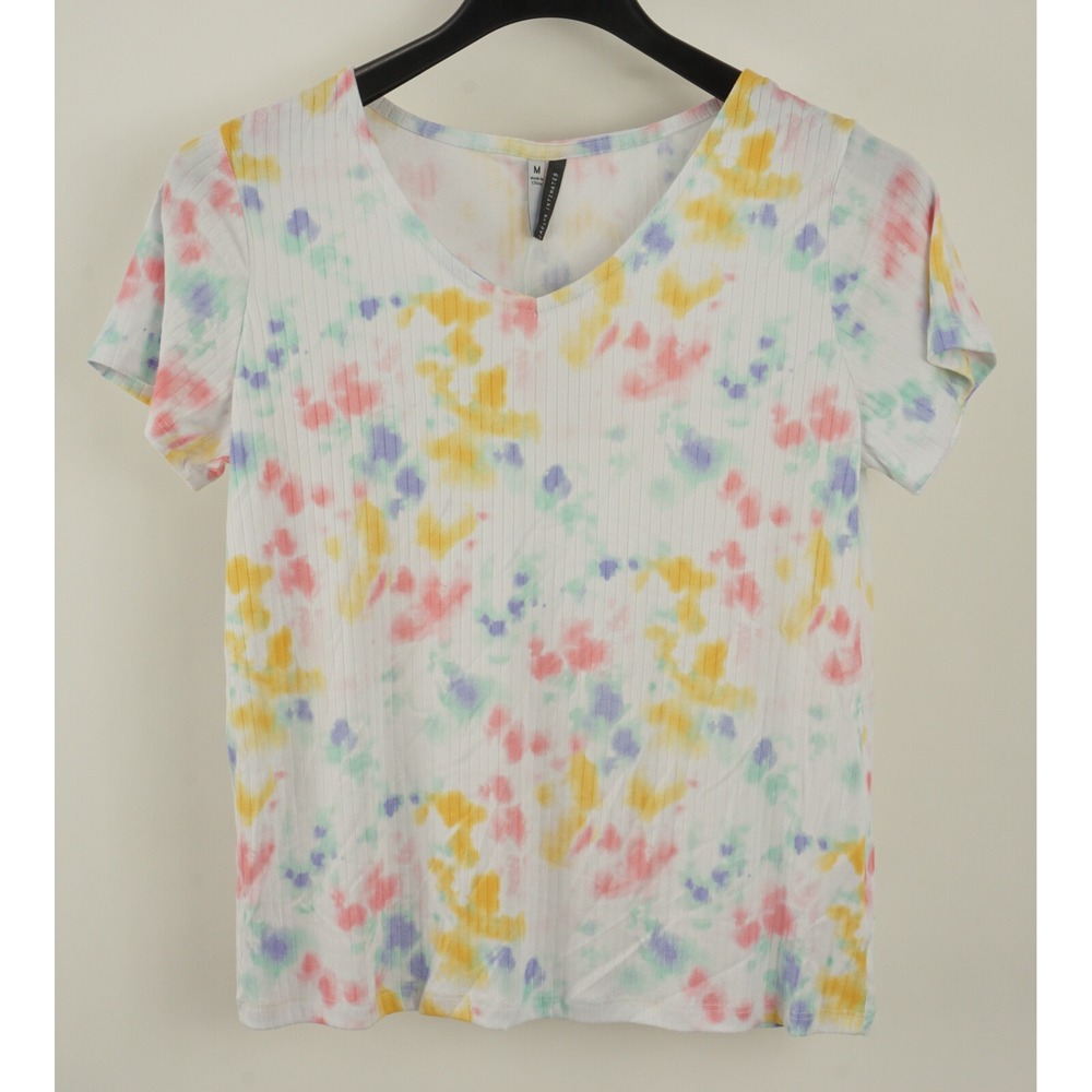 New Jaclyn Intimates Womens Sz M White Tie Dye Rib Knit Lightweight V-Neck Shirt